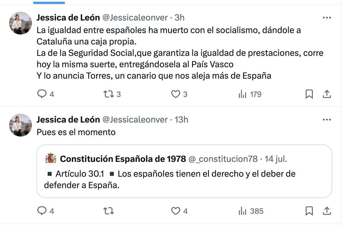 Mensajes de la consejera de Turismo, Jéssica de León en la red social X.