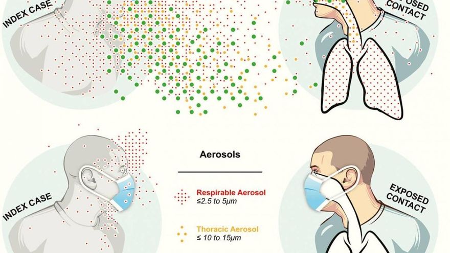 Representación esquemática de las vías de infección por gotitas balísticas (azul) y aerosol (verde, amarillo y rojo) para una enfermedad respiratoria, sin y con el uso de mascarilla. / D.K.Milton/Journal of the Pediatric Infectious Diseases Society