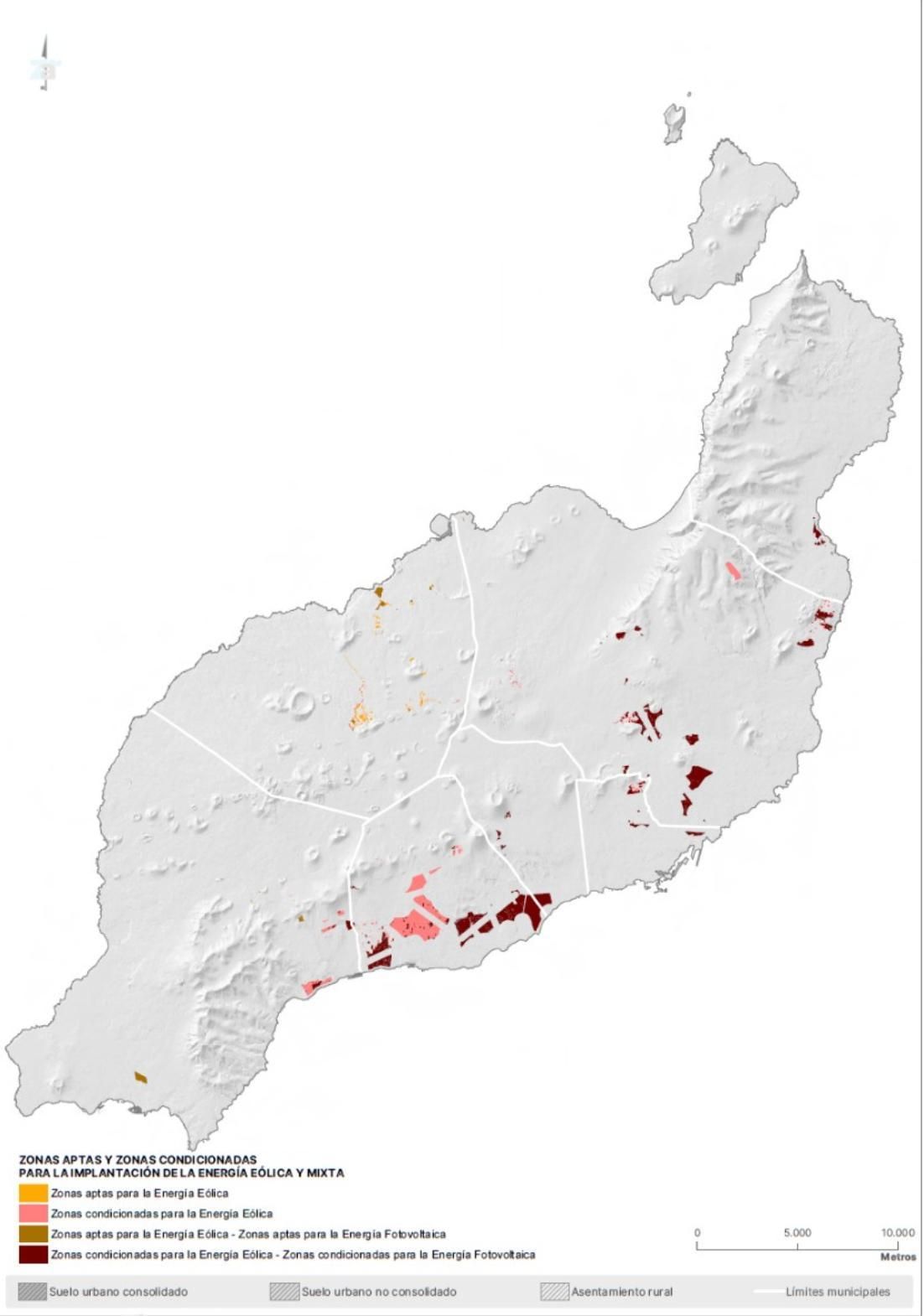 Zonas aptas y zonas condicionadas para la implantación de la energía eólica y mixta en Lanzarote. 