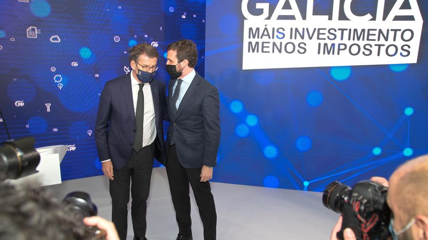 El presidente del Partido Popular, Pablo Casado  y el presidente de la Xunta de Galicia, Alberto Núñez Feijóo,  durante el acto sobre fondos europeos