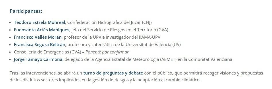 Pantallazo de los ponentes anunciados hace una semana, con un miembro de la Conselleria de Emergencias a determinar.