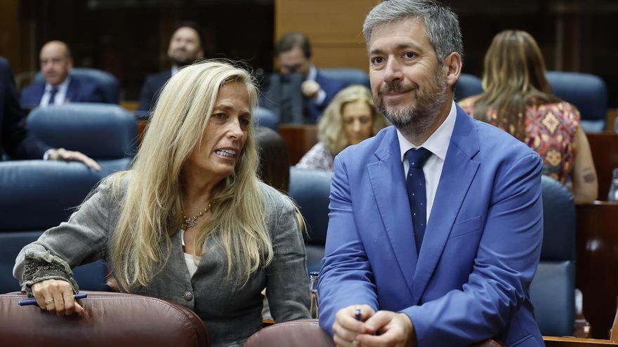 El consejero de Presidencia, Justicia y Administración Local, Miguel Ángel García Martín (d) y la consejera de Economía, Hacienda y Empleo, Rocío Albert López-Ibor (i) a su llegada este jueves durante el pleno de la Asamblea de Madrid celebrado este jueves. EFE/ Mariscal