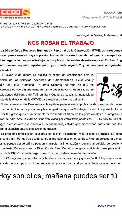 Comunicado de denuncia de CCOO de RTVE