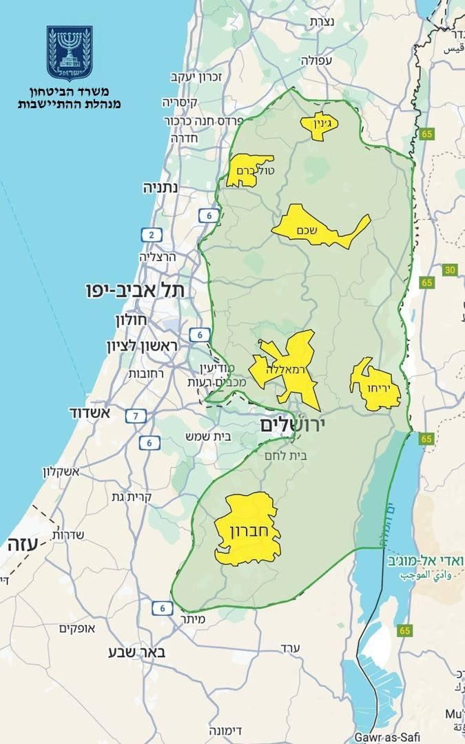 En amarillo, las ciudades palestinas que no serían anexionadas por Israel.