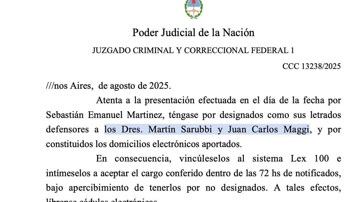 La notificiación oficial sobre la designación de los abogados defensores del prefecto que atacó a Jonathan Navarro.