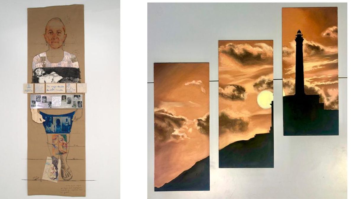 : De izquierda a derecha: Danny Cruz, (A)via Maternis, 2023, técnica mixta, 295x90 cm. Angy Gómez, Shadows, 2024. Tríptico, 100x105 cm. Óleo sobre tabla.