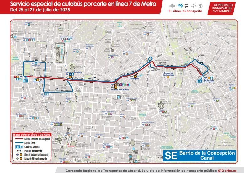 Recorrido del servicio especial y gratuito que cubre el tramo cerrad por obras en la línea 7 del 25 al 29 de julio.