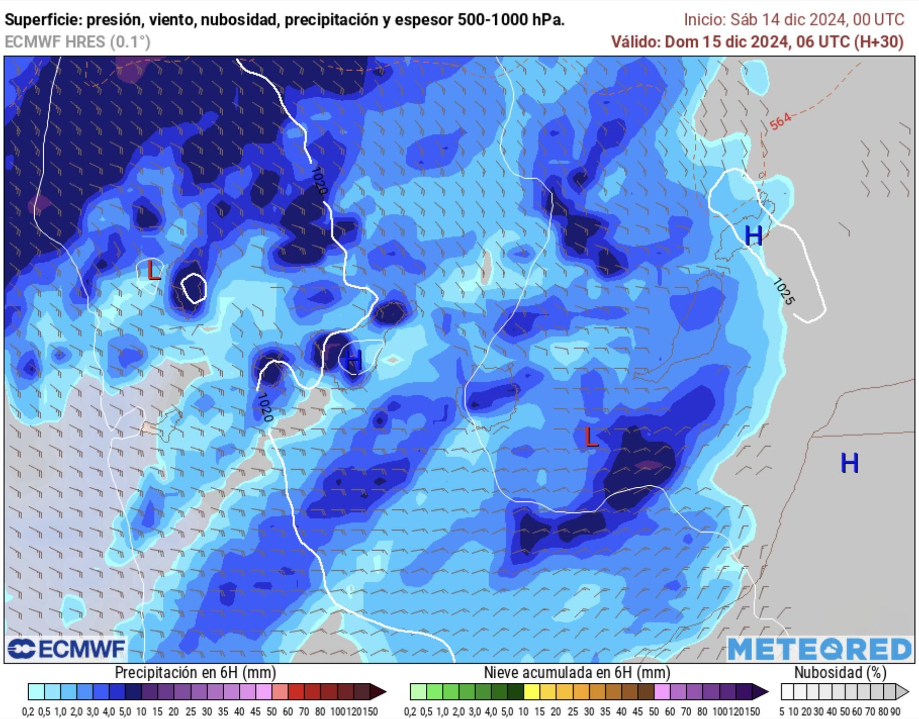 Mapa de lluvias previstas en Canarias a las 06.00 horas (UTC) del domingo.