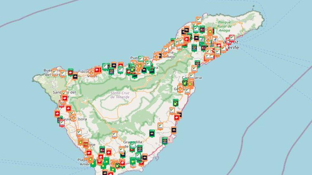 Gasolineras más baratas (verde) y más caras (rojo) de Tenerife este jueves. / FOTO: MINISTERIO DE TRANSICIÓN ECOLÓGICA