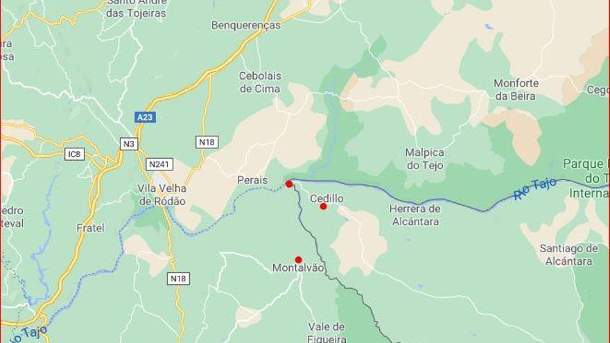 Situación de las localidades españolas y lusas, y con otro punto rojo lugar donde se haría el puente