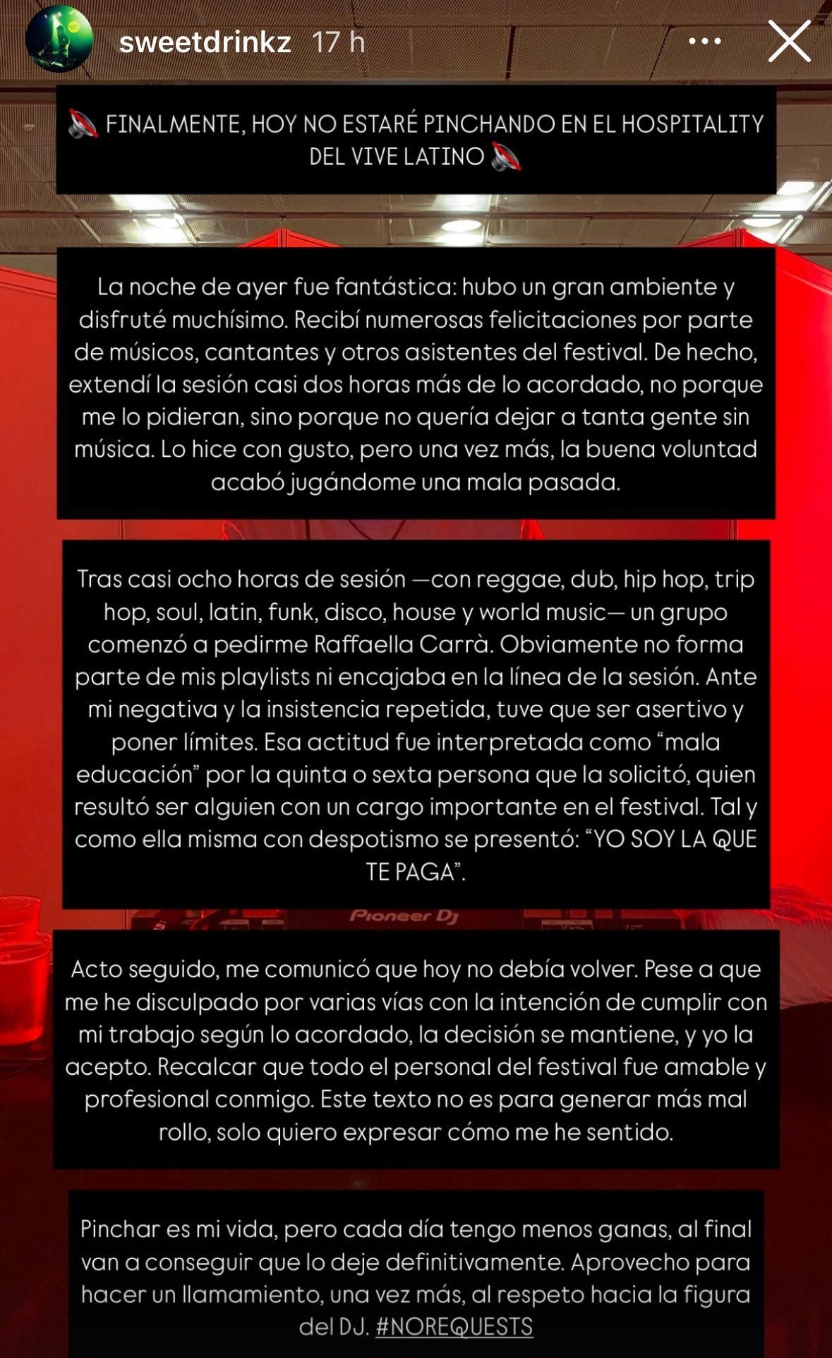 El mensaje enviado por Sweet Drink Z que ha despertado una ola de solidaridad entre los DJ.