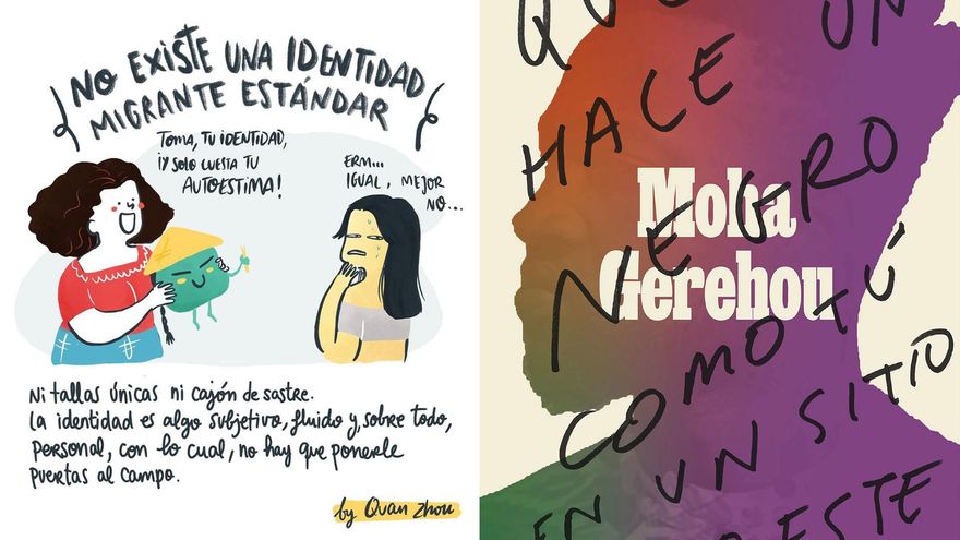 Una de las ilustraciones de Quan Zhou en “Gente de aquí, gente de ahí” y la portada de "¿Qué hace un negro como tú en un sitio como este?” de Moha Gerehou
