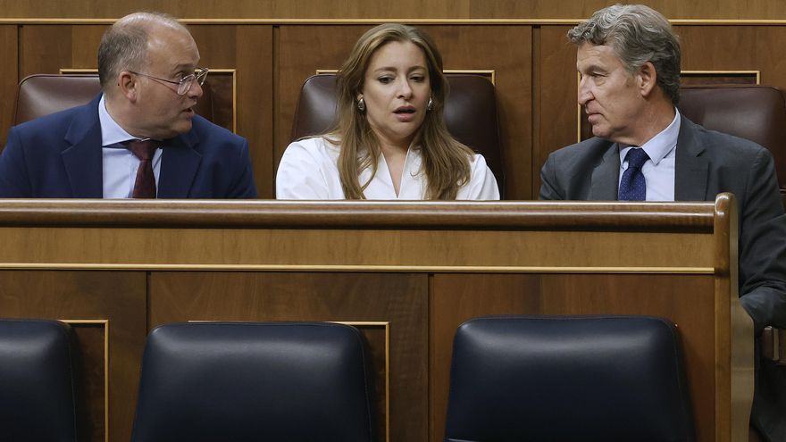 Alberto Núñez Fejóo conversa con Ester Muñoz y Miguel Tellado durante el pleno celebrado este miércoles por el Congreso de los Diputados, en Madrid.