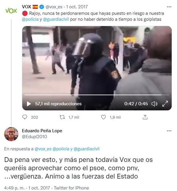 Peña Lope dice que siente "vergüenza" porque Vox se quiere "aprovechar" del referéndum de Cataluña.