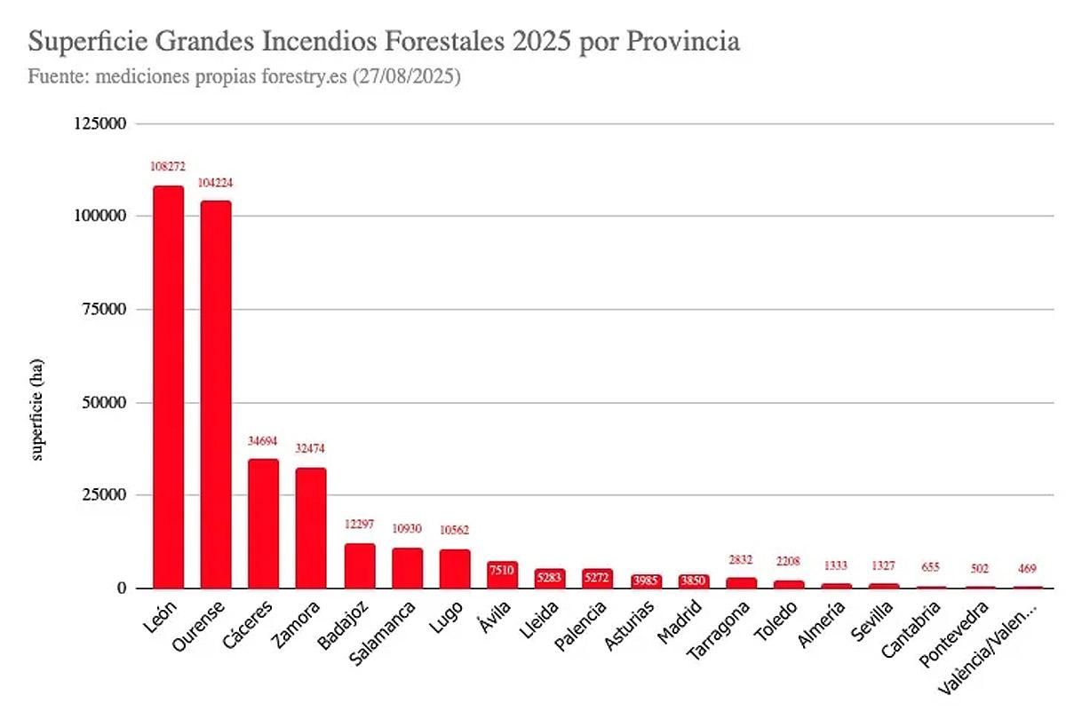 Superficie de los grandes incendios forestales por provincias hasta finales de agosto de 2025.
