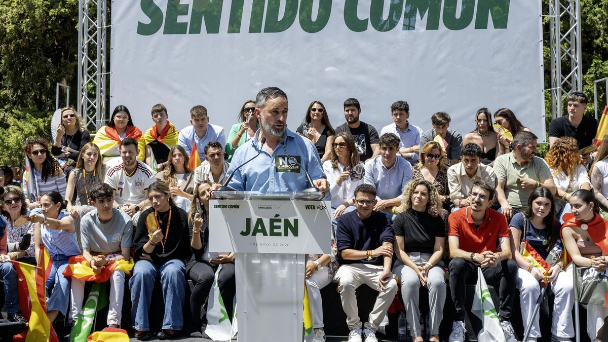 El líder de Vox, Santiago Abascal, interviene durante un mitin político de cara a las elecciones en Andalucía, celebrado este viernes en la Alameda de Jaén. EFE/José Manuel Pedrosa