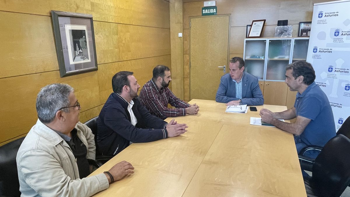 Un momento de la reunión entre el consejero de Medio Rural y los representantes de Mieres para abordar el conflicto que mantienen con León por el Puerto de Pinos.