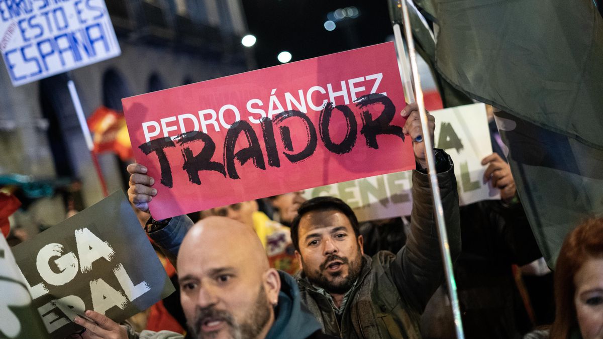 Carteles de 'Pedro Sánchez traidor' en la marcha de Vox