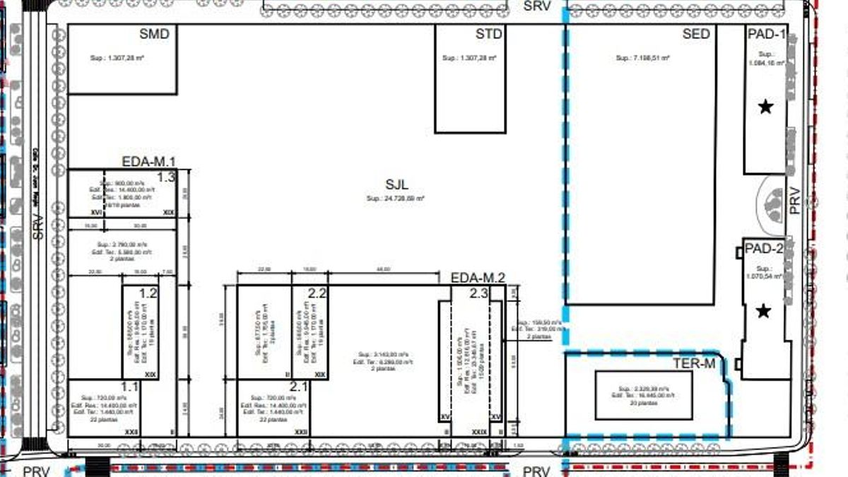 Distribució dels diferents edificis a la parcel·la de Mestalla, així com els metres quadrats i altures dels mateixos, sent la part inferior la recaient a l'avinguda d'Aragó.