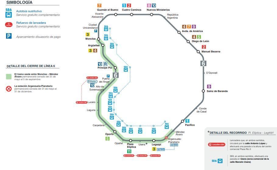 Mapa de cortes en la línea 6 de Metro de Madrid y algunas de las alternativas de transporte.