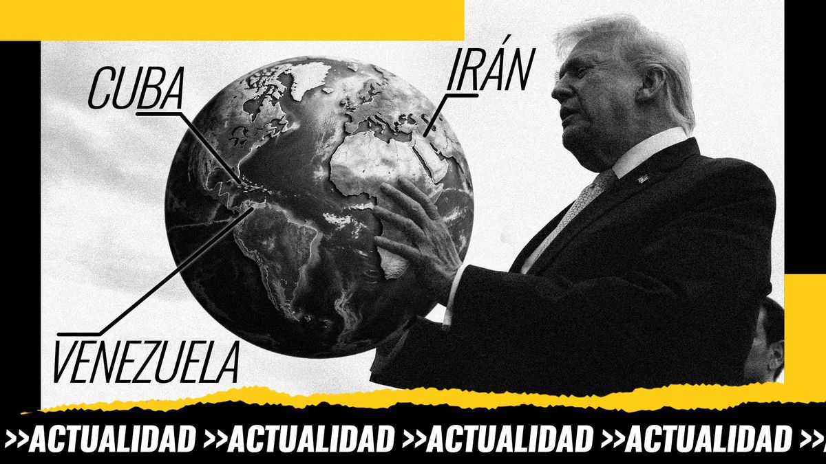 Montaje: Donald Trump durante una rueda de prensa con una bola del mundo entre las manos