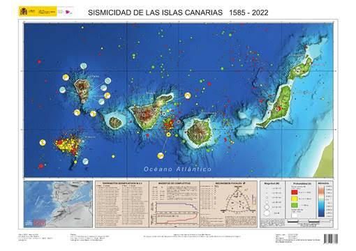 Muevo mapa de sismicidad de las islas Canarias 1585-2022.