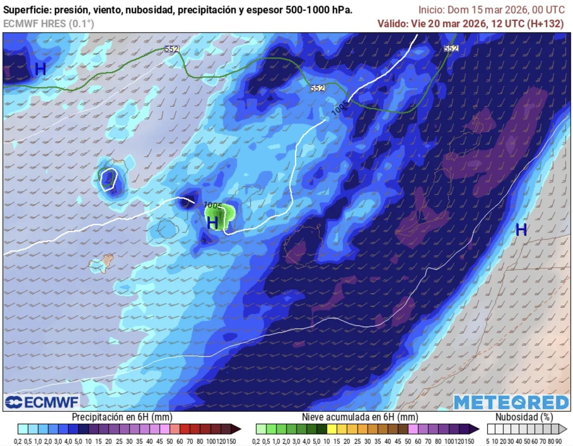 Mapa de la previsión del tiempo para el viernes, a las 12.00 horas. Los mayores acumulados de lluvia se marcan en las islas orientales, mientras en Tenerife se prevé nieve en cumbres (color verde).