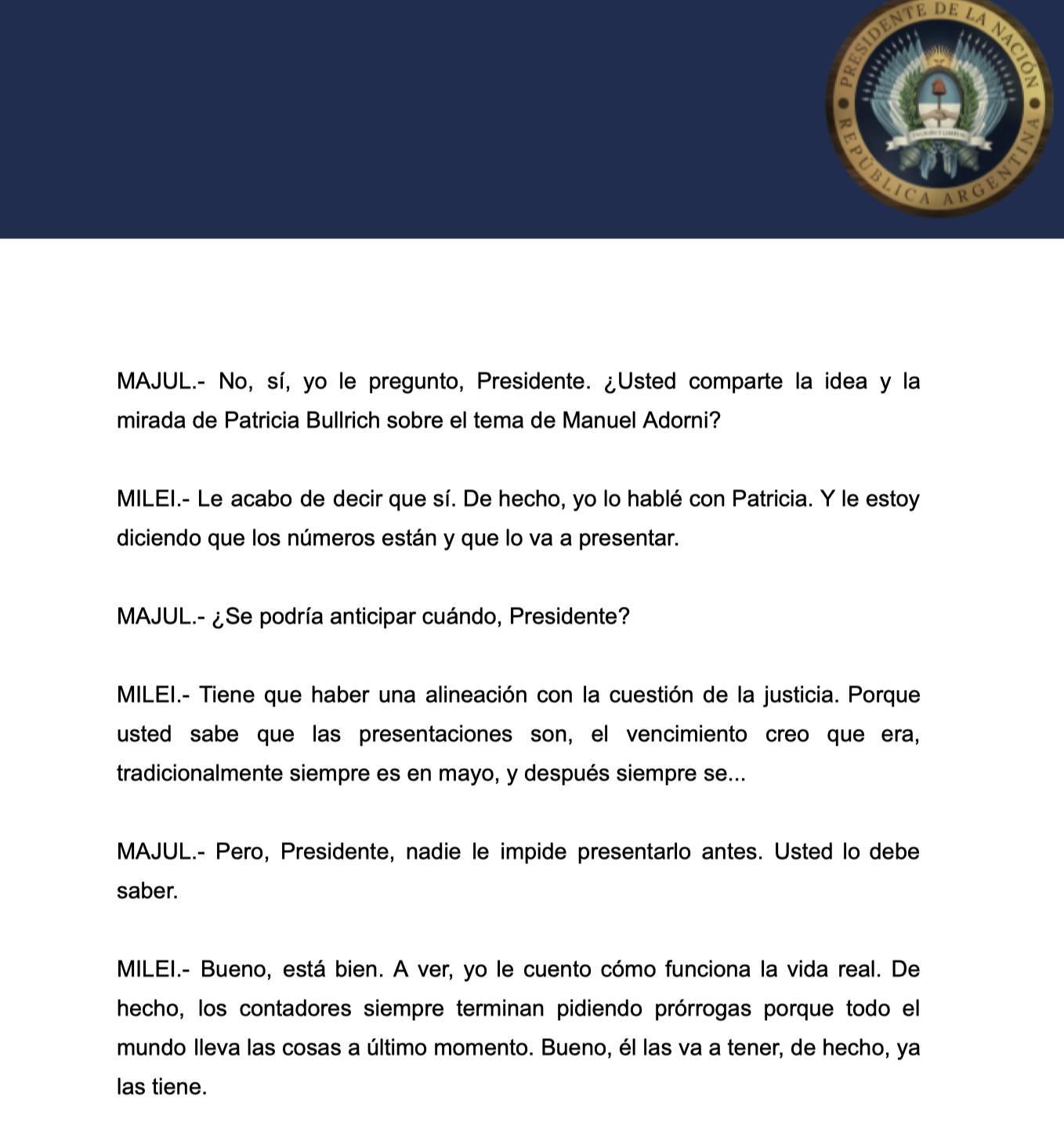 Milei hablando sobre Bullrich, en la desgrabación oficial de la entrevista de anoche en LN+.
