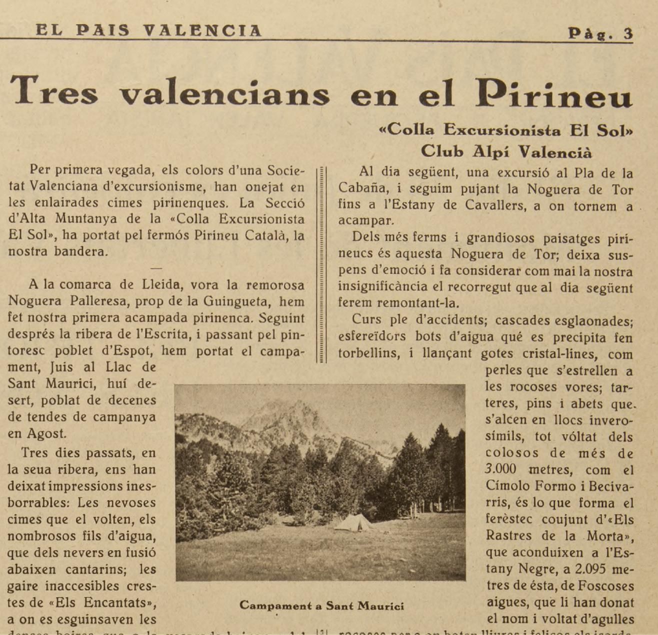 Notícia de la colla excursionista El Sol del 1935.