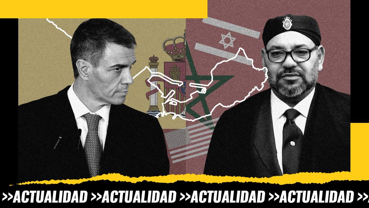 Montaje: a la izquierda el presidente de España Pedro Sánchez y a la derecha el rey de Marruecos Mohamed VI, ambos sobre el mapa de Ceuta, las banderas de sus países y las de EEUU e Israel