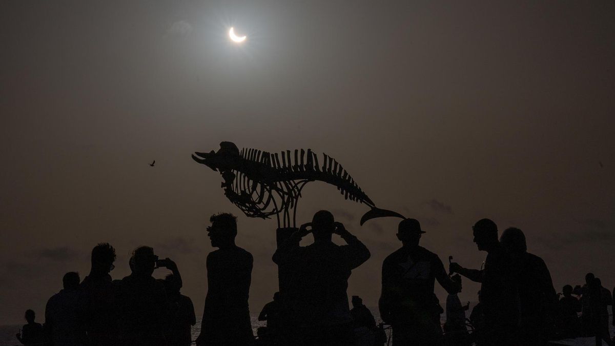 Varias personas contemplan desde la localidad de El Cotillo, en la isla de Fuerteventura, el eclipse solar de este miércoles.
