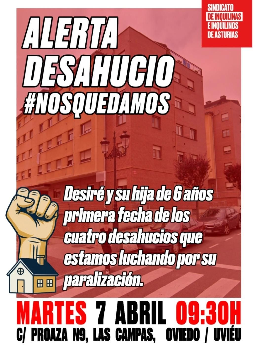 Cartel anunciador de la concentración contra el desahucio de una familia en Oviedo/Uviéu.
