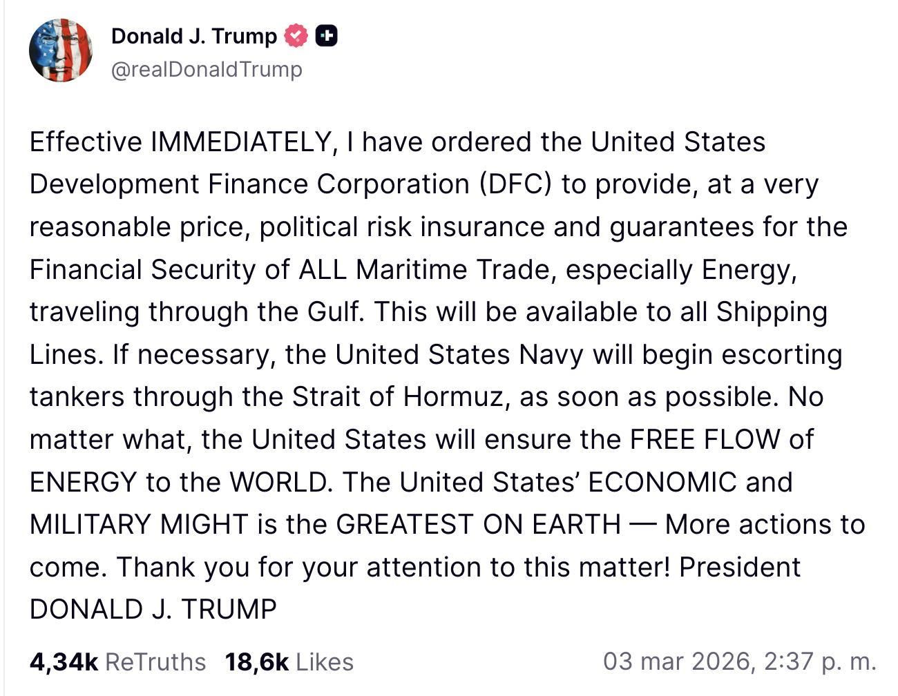 Truth Social de Trump sobre los petroleros en Ormuz.