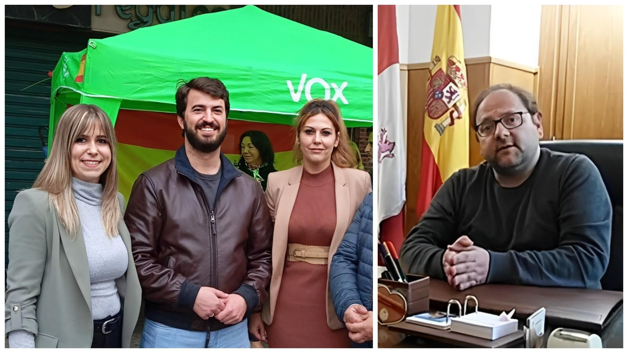Las concejalas de Vox Laura Gallego Gaspar y Yolanda García López con su exlíder autonómico y el alcalde Javier Carrera (PP).
