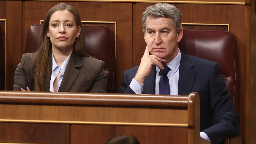 La portavoz del PP en el Congreso, Ester Muñoz, y el presidente del PP, Alberto Núñez Feijóo, durante una sesión de control al Gobierno, en el Congreso de los Diputados, a 18 de febrero de 2026, en Madrid (España).
