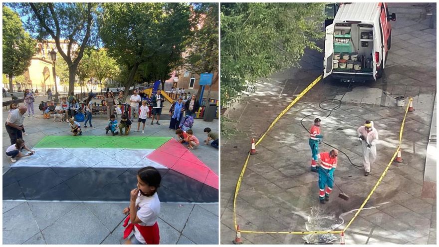Limpieza urgente del Ayuntamiento de Madrid para la bandera de Palestina que pintaron con tiza los niños de Malasaña