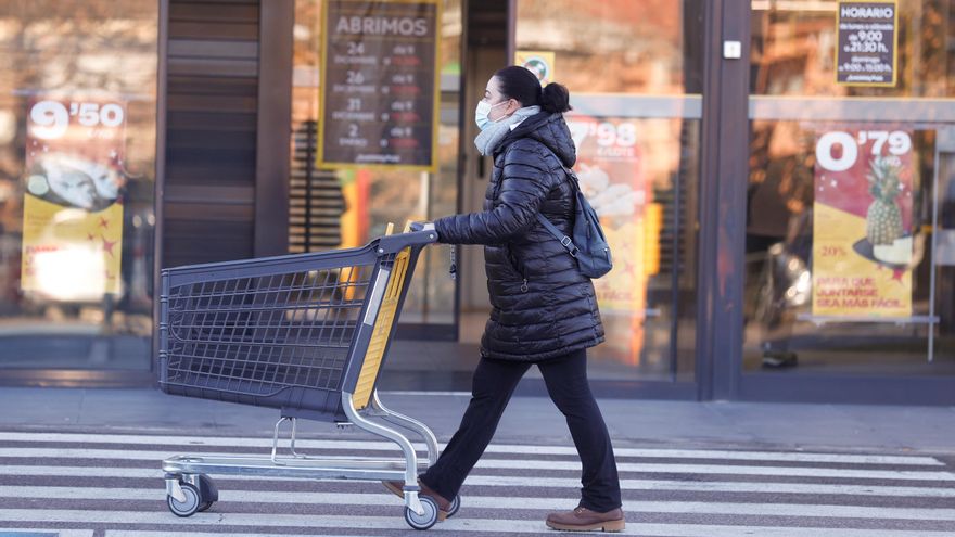 Una mujer camina con un carrito de un supermercado en Madrid, en una imagen de archivo. EFE/ Chema Moya