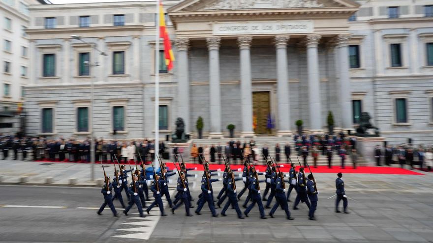 The military parade during the flag raising ceremony held within the framework of the institutional event for Constitution Day, next Saturday, in Madrid.