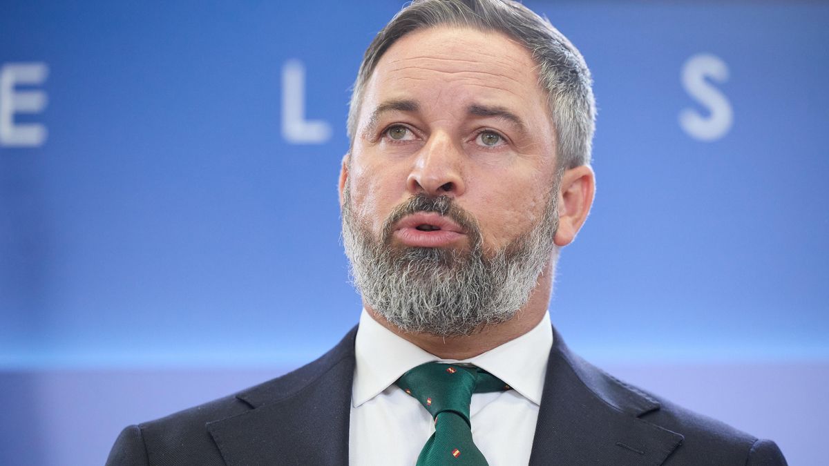 El líder de VOX, Santiago Abascal, durante una rueda de prensa, en el Congreso de los Diputados.