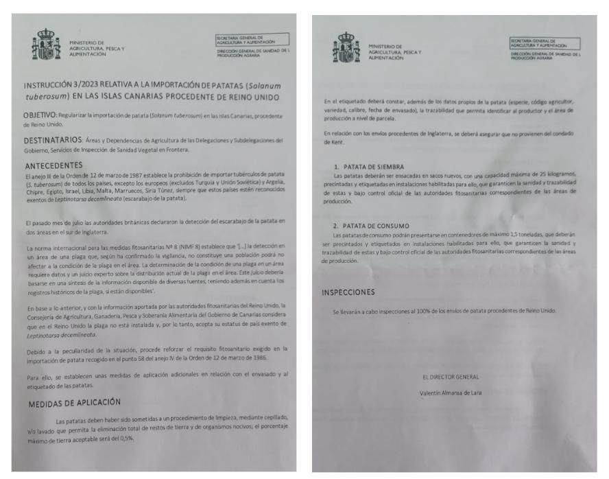 Instrucción del Ministerio de Agricultura sobre la importación de papa. 