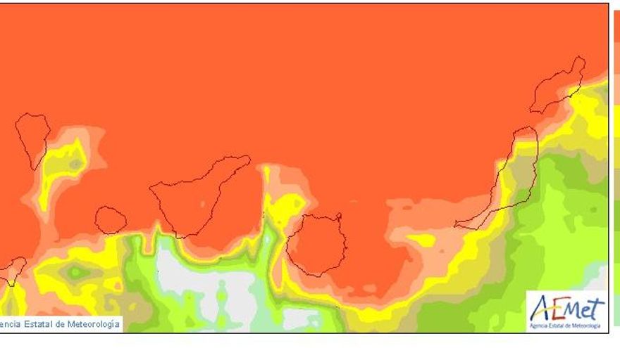 Probabilidad, en tanto por ciento, de que la precipitación total entre las 00 y 24 horas UTC sea superior o igual a 0,5 mm en Canarias el martes 14 de abril.