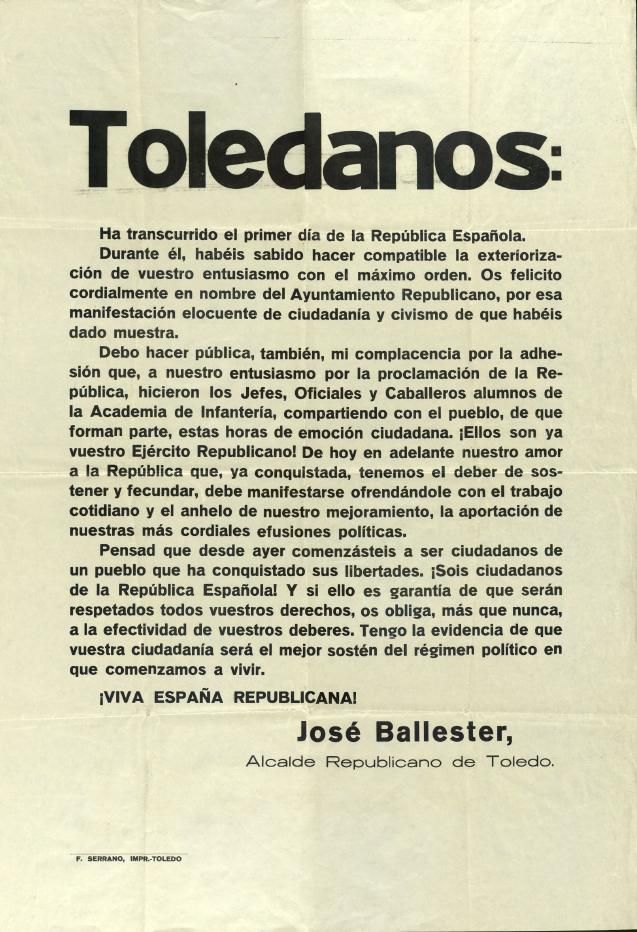 Bando de José Ballester proclamando la II República en Toledo