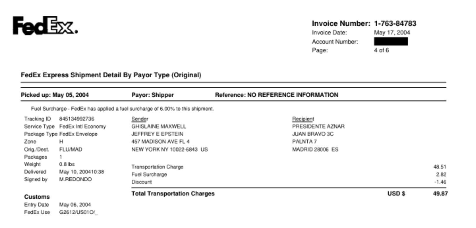 Recibo de un envío de Epstein a Aznar a la FAES.