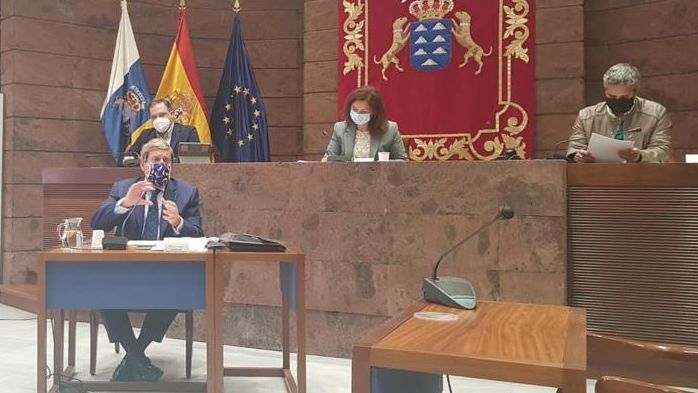 Gabriel Mato, eurodiputado del PP, durante su intervención en la comisión parlamentaria sobre el escenario de la Unión Europea para el periodo 2021-2027 en el Parlamento de Canarias este viernes.