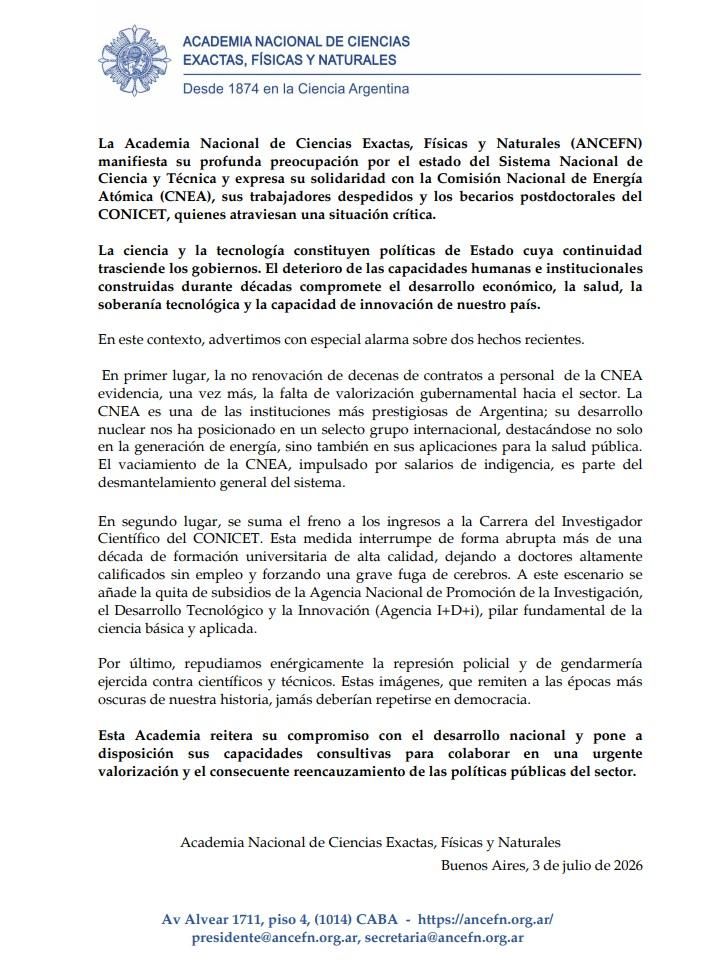 El comunicado de la Academia Nacional de Ciencias Exactas, Físicas y Naturales (ANCEFN).