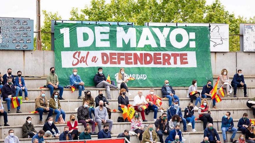 Pancarta en uno de los mítines de Vox celebrado en en San Sebastián de los Reyes