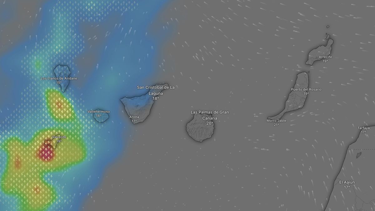 Llegada del frente a las islas occidentales, con tormentas en El Hierro este viernes, 1 de diciembre, según el modelo europeo.