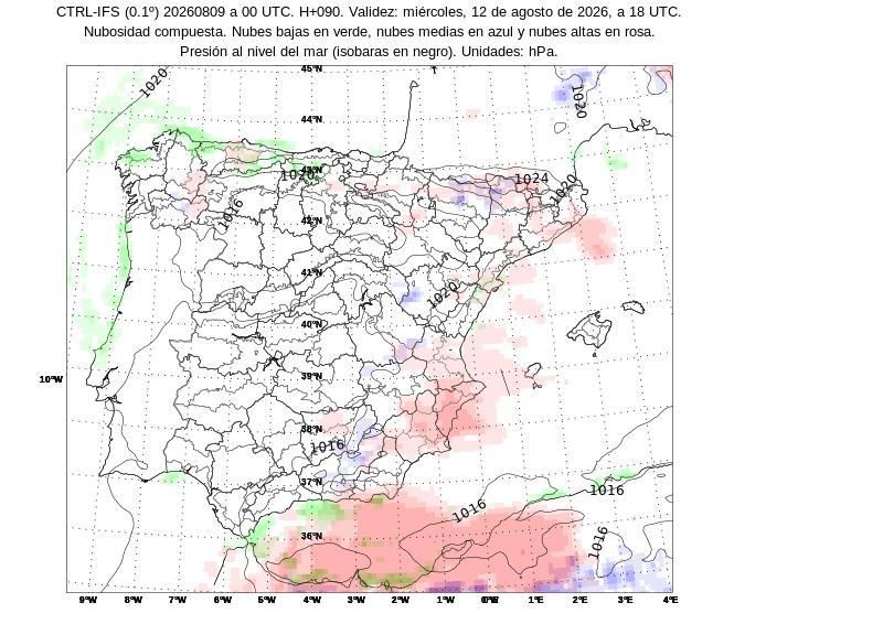 Mapa de nubosidad proporcionado por la Agencia Estatal de Meteorología.