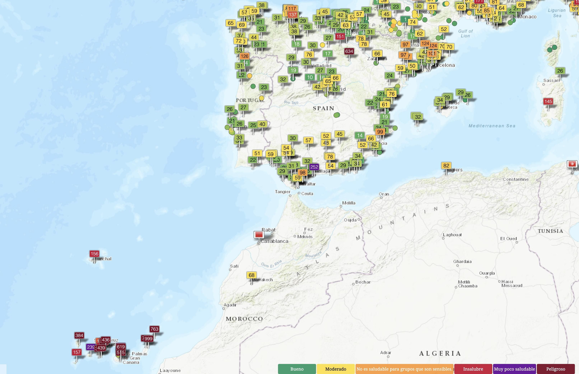 Mapa de la calidad del aire de España a día 17 de diciembre de 2024.