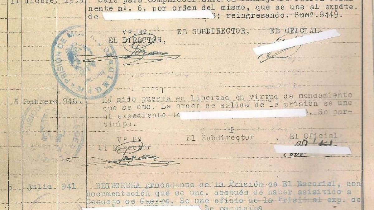 Parte del expediente carcelario de Matilde Sánchez Álvarez recibido por su nieta.